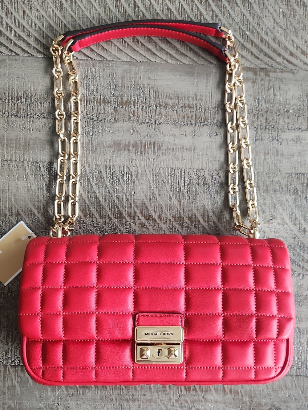 Michael Kors Red Quilted Leather Shoulder Bag with Gold Chain. New!